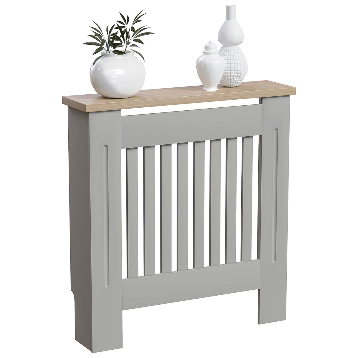 Vida Designs Arlington Radiator Cover White - Medium - Modern Shaker Style Vertical Slat Design For Optimal Heat Circulation - H83.3xW111xD19cm - Painted MDF Cabinet with Wood Top Shelf