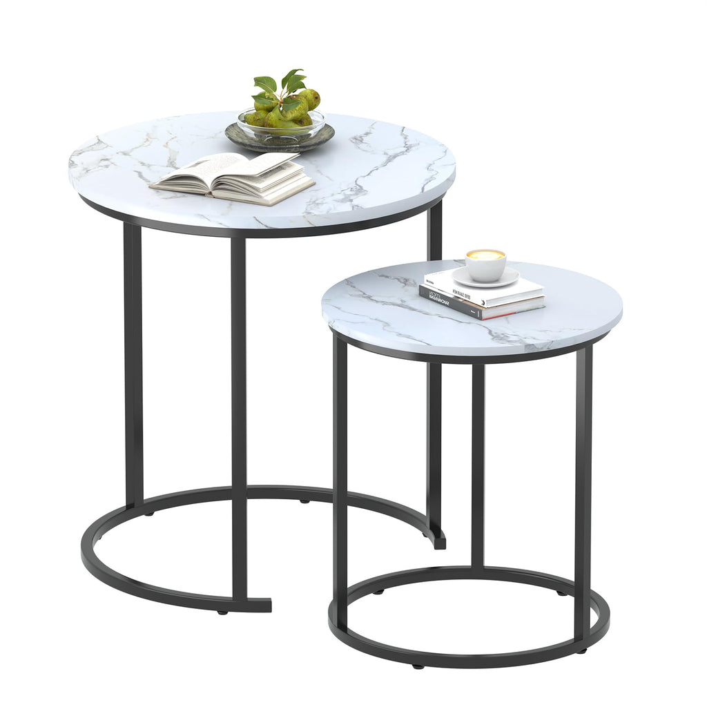 Garden 4 you Round Nesting Coffee Table Set of 2 for Living Room,Marble Center Tea Nest of Table with Metal Frame,End Side table for Small Space/Living Room/Bedroom, White Gold, 60 x 60 x 50.5cm