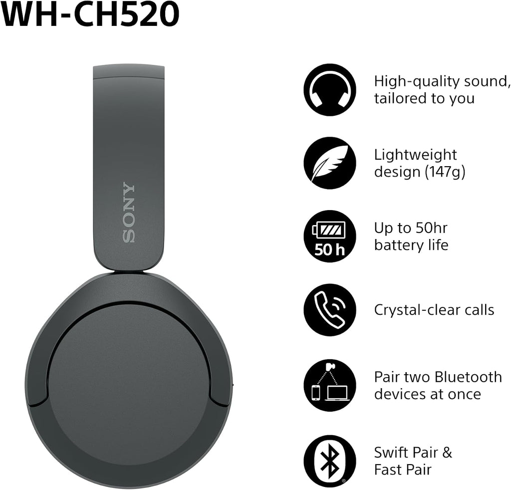 VEN-Sony WH-CH520 Wireless Bluetooth On-Ear Headphones, Lightweight Design, Up to 50 Hr Battery Life, Quick Charge, EQ, Clear Call Quality, iOS & Android, Black