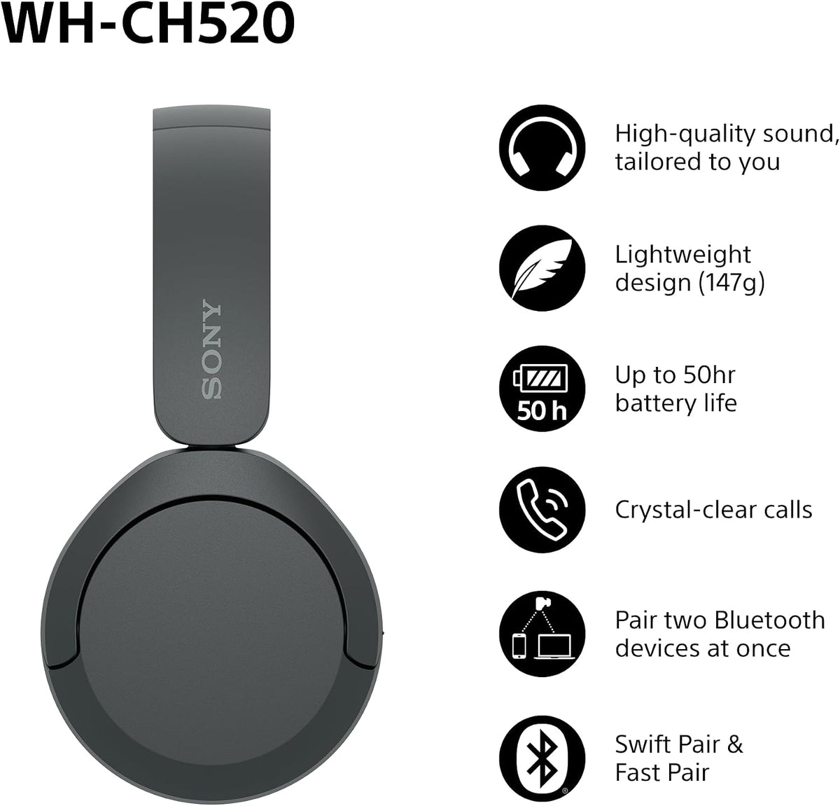 VEN-Sony WH-CH520 Wireless Bluetooth On-Ear Headphones, Lightweight Design, Up to 50 Hr Battery Life, Quick Charge, EQ, Clear Call Quality, iOS & Android, Black