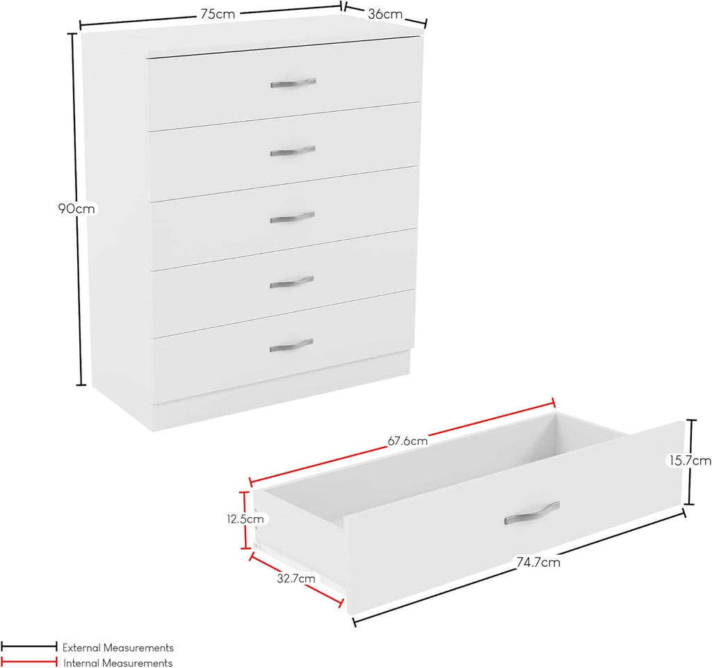 Vida Designs Riano 5 Drawer Chest of Drawers, Metal Handles and Runners, Anti-Bowing Drawer Support, Bedroom, Nursery Furniture, White