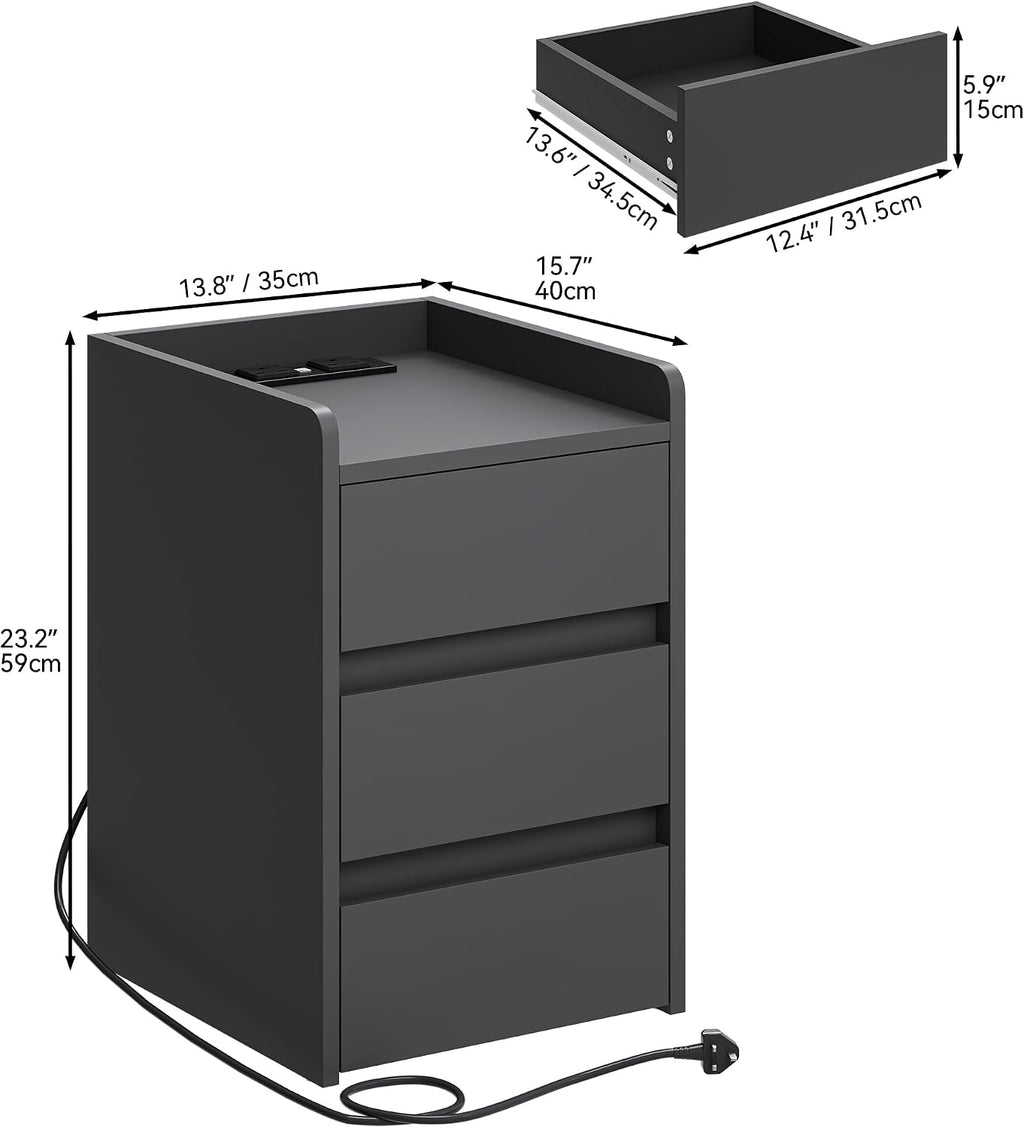 YITAHOME Bedside Table with 3 Drawers and Power Station Grey