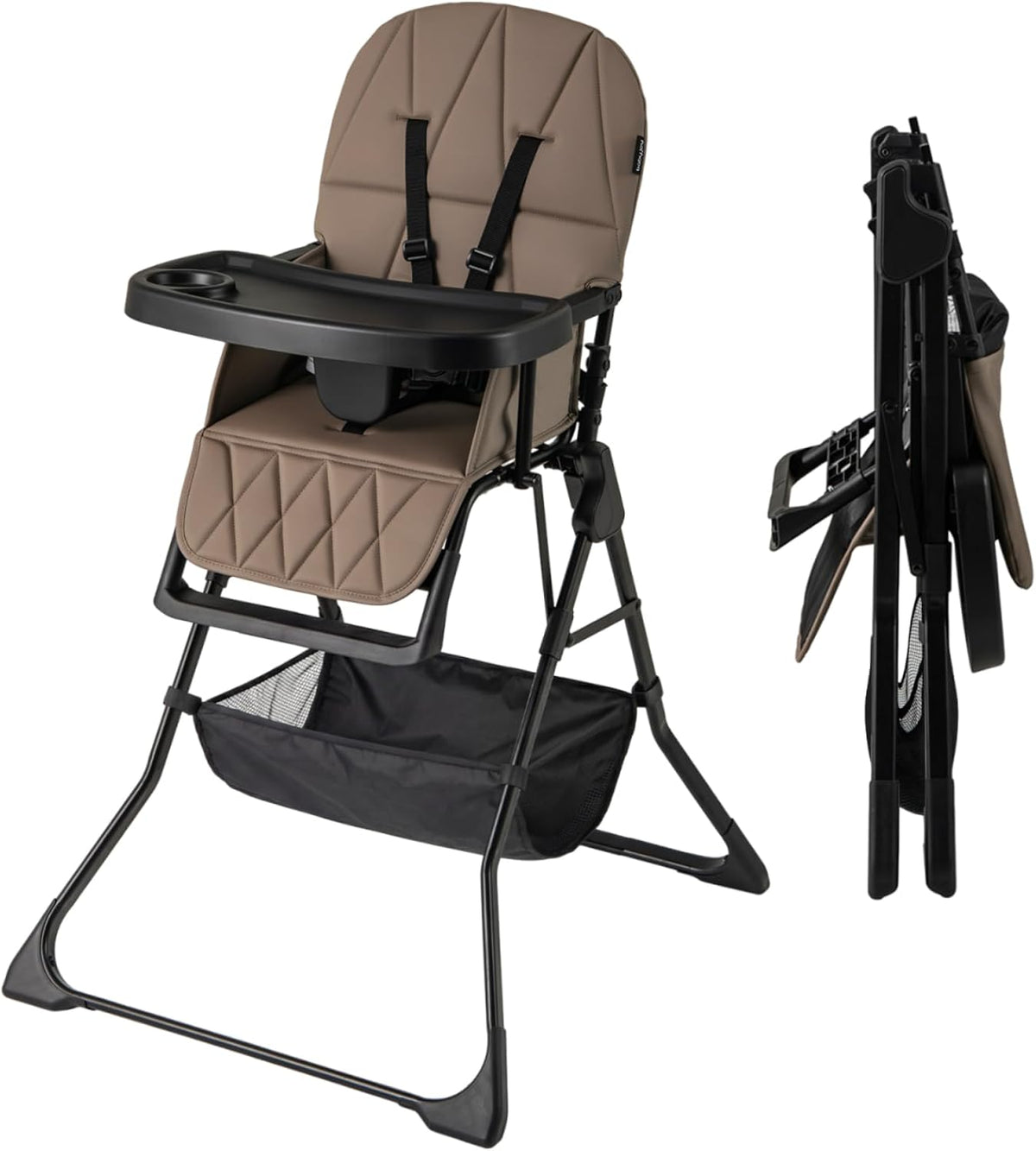 Maxmass Foldable High Chair, Compact High Chair with 3-Position Adjustable Dishwashable Tray, Removable Seat Cushion, 5-Point Safety Harness, Highchair for Baby Infant (Brown with Basket)