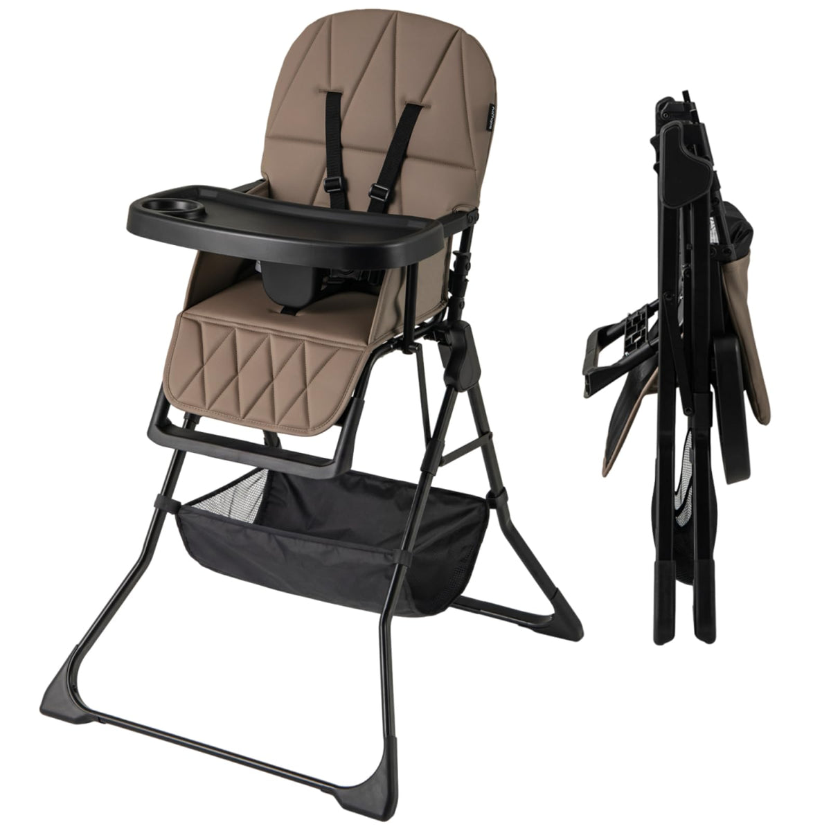 Maxmass Foldable High Chair, Compact High Chair with 3-Position Adjustable Dishwashable Tray, Removable Seat Cushion, 5-Point Safety Harness, Highchair for Baby Infant (Brown with Basket)