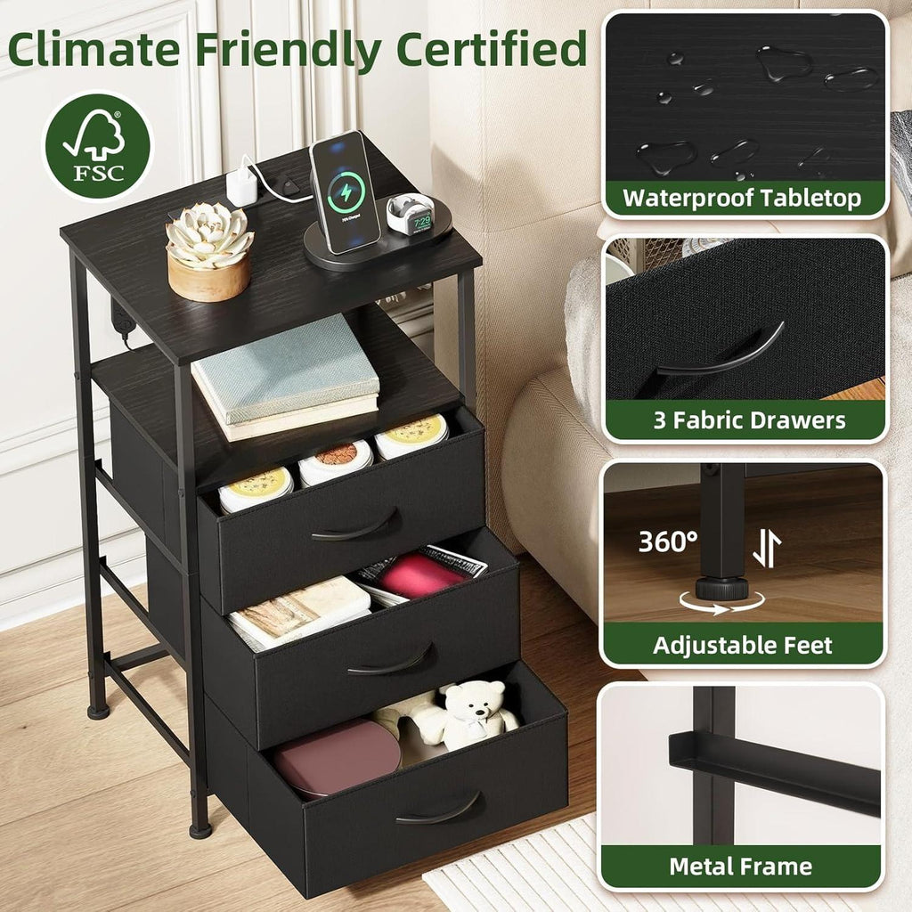 Multi-Functional USB Charging Chest with LED Light - 3 Drawer Bedside Table, Bedroom Storage Cabinet with 2 Outlets & 2 USB Ports, Charging Station for Dorm, Kids Room, Nightstand, Closet Organizer, Black [Plus A Free Gift]