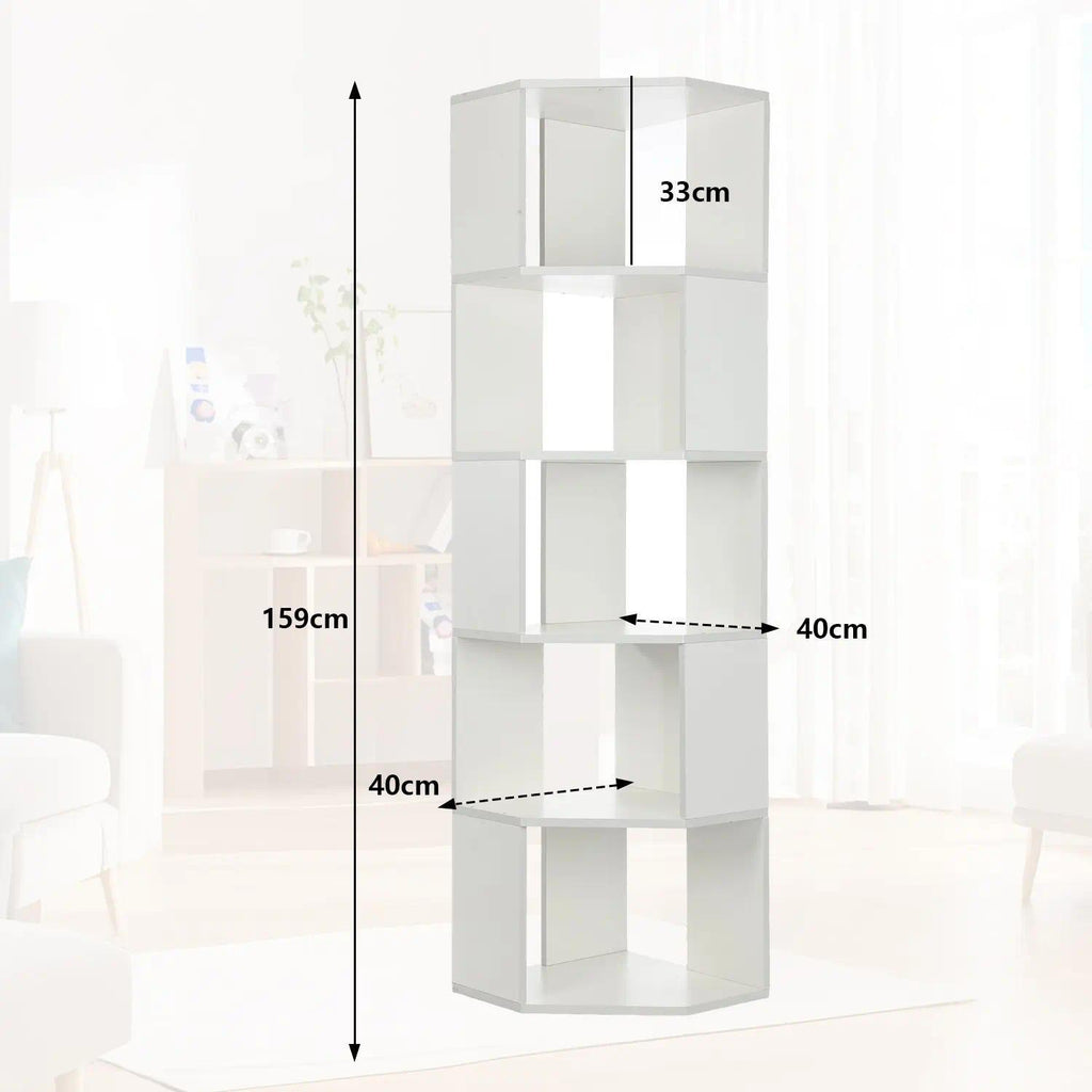 5-Tier Corner Shelf Unit Freestanding Display Rack, Wooden Open Storage Bookcase for Living Room Bedroom Home Office, Space-Saving Tall Narrow Stand, 40x40x159 cm [Plus A Free Gift]