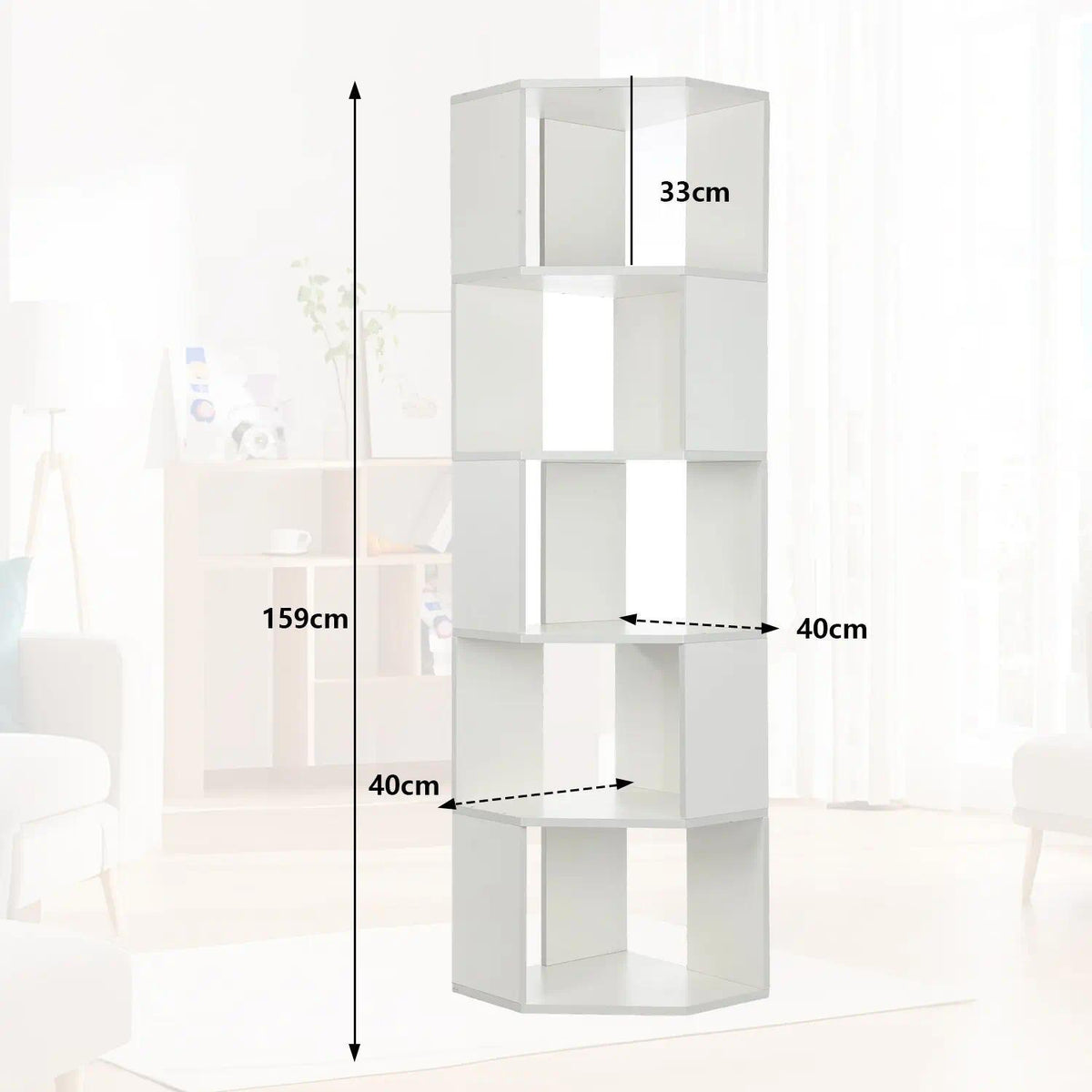 5-Tier Corner Shelf Unit Freestanding Display Rack, Wooden Open Storage Bookcase for Living Room Bedroom Home Office, Space-Saving Tall Narrow Stand, 40x40x159 cm [Plus A Free Gift]