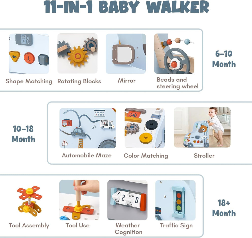 Baby Walker First Step Activity - Adjustable Speed Wooden Push Walker with Activity Center, Car Traffic & Tool Bench Theme: Shape Sorter, Steering Wheel, Gears, Beads - Montessori Learning Walking Toy for Toddlers 1 2 3 Years Old [Plus A Free Gift]