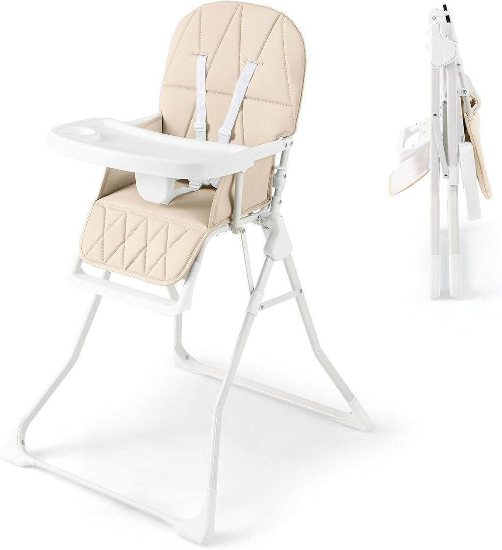 Foldable Baby High Chair, Compact Lightweight Toddler Feeding Highchair with 3‑Position Adjustable Tray & Footrest, Removable Seat Cushion, 5‑Point Safety Harness for 6‑36 Months