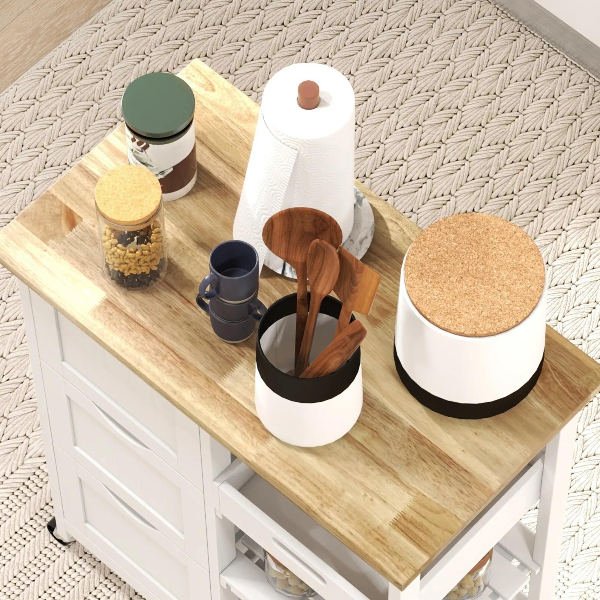 Rolling Kitchen Trolley Cart, Mobile Kitchen Island with Rubberwood Worktop, White MDF Storage Cart with 3 Drawers, Open Shelves & Removable Serving Tray, Lockable Wheels for Dining & Kitchen Storage