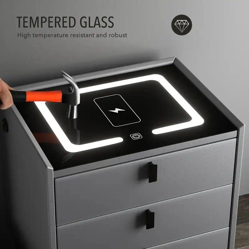 Smart Bedside Table with 3 Drawers, Wireless Charging, LED Touch Light, PU Leather Finish – Modern Nightstand for Bedroom, Living Room, or Home Office [Plus A Free Gift]