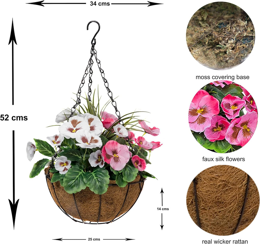 2 Pcs Coco Coir Artificial Hanging Planters, Fake Pink White Pansies Floral Arrangement with Decorative Grasses, UV Waterproof Hanging Basket for Indoor Outdoor Garden Decor