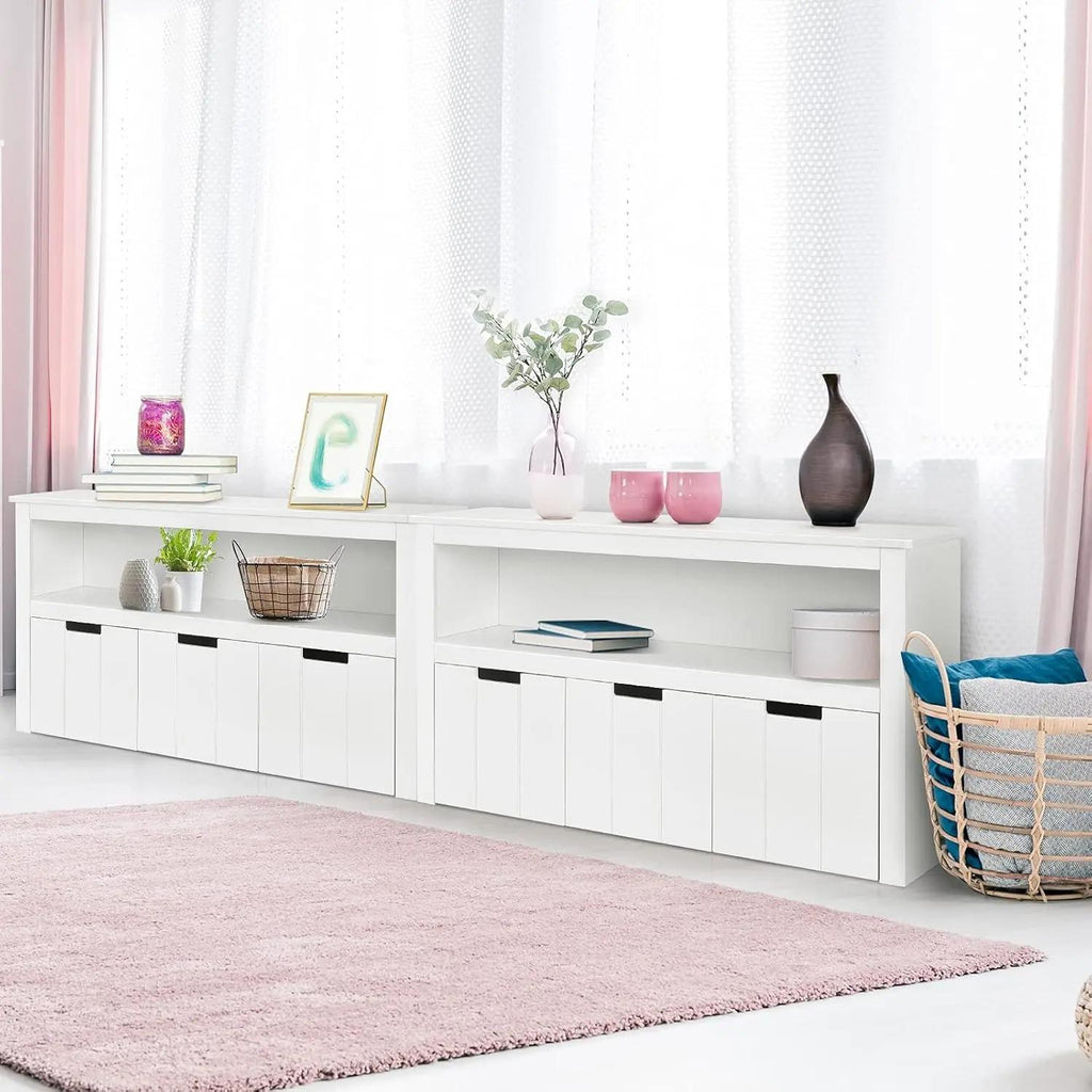 Kids Toy Storage Cabinet, Wooden Playroom Storage Chest with Wheel Drawers & Large Open Shelf, 2‑in‑1 Multi‑Functional Kids Storage Organizer for Toys Books Clothes, Activity Table for Boys Girls Bedroom Playroom
