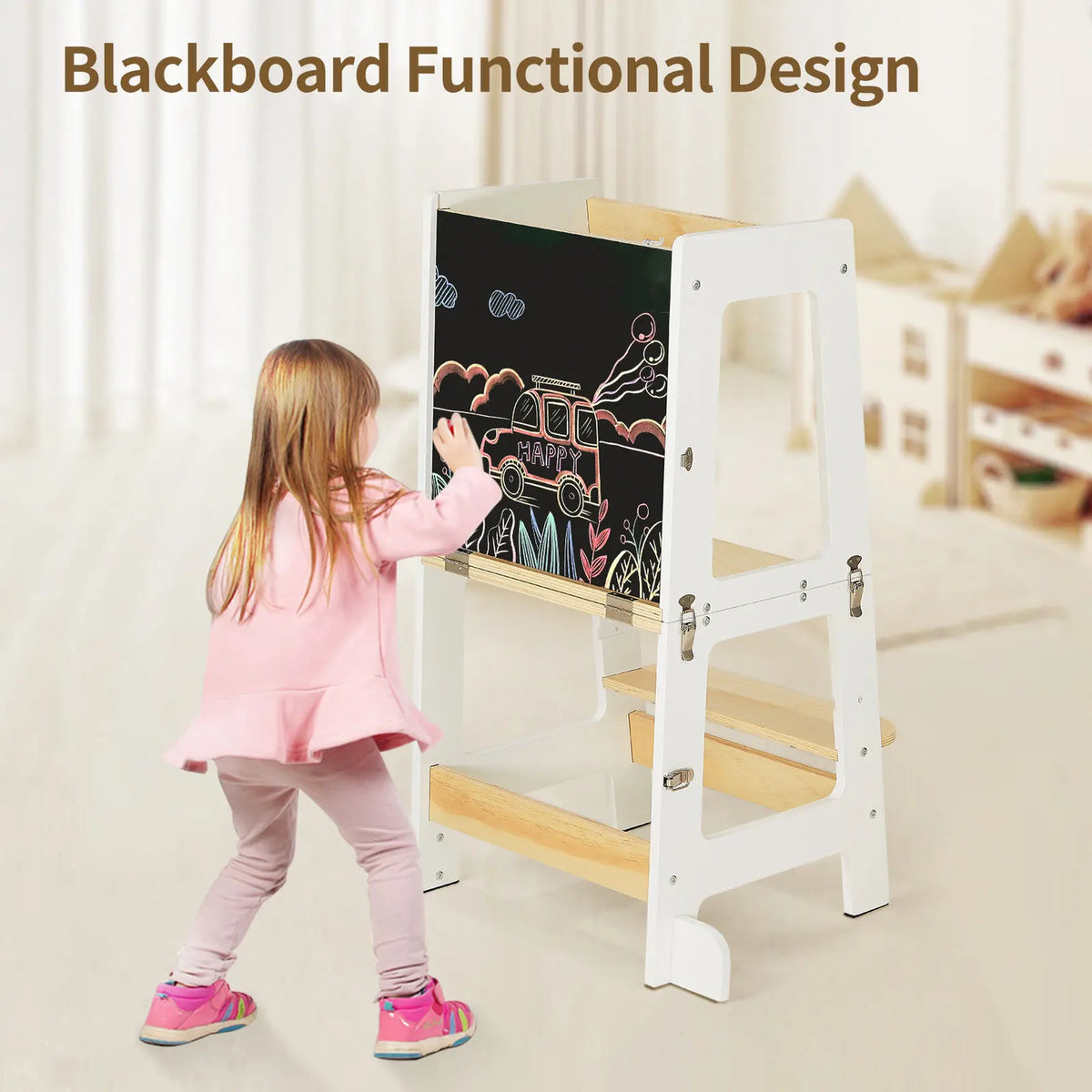 3-in-1 Toddler Learning Tower Step Stool & Mini Desk with Safety Rail and Black & Whiteboard for Kitchen Counter