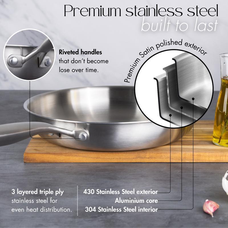 8Pcs Tri‑Ply Stainless Steel Cookware Set, Cooking Pots & Frying Pans with Glass Lids, Universal for Induction Gas Stove, Durable Kitchen Saucepan Set for Home Daily Cooking