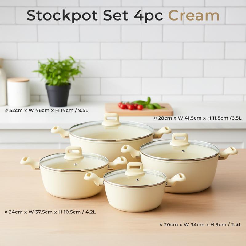 4Pcs Professional Aluminium Non-Stick Stockpot Set, Soft Touch Handle with Tempered Glass Lid, Induction Compatible Cookware Set, Soup Stew Pot for Kitchen Cooking