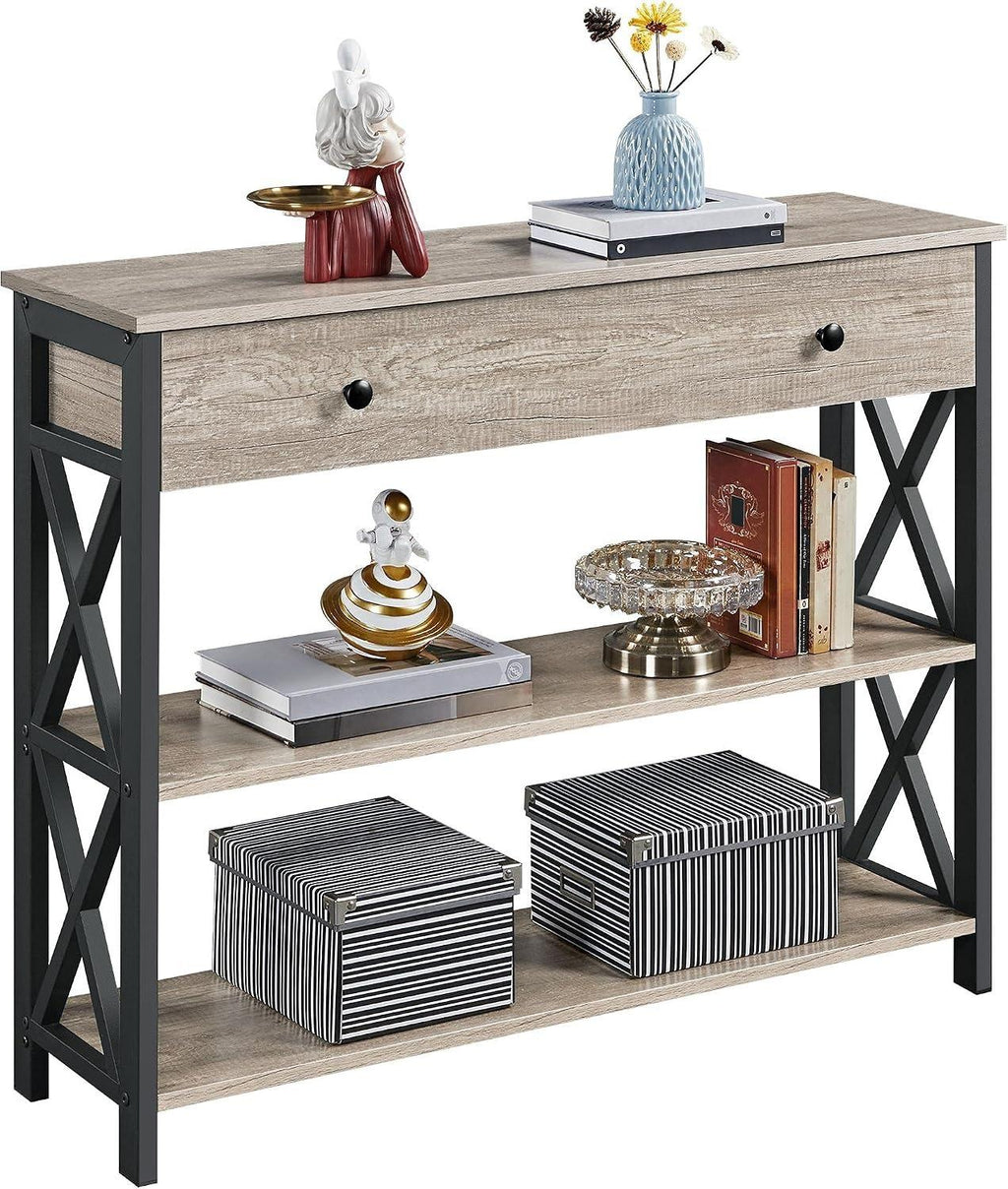 Industrial Vintage Console Table, MDF & Iron Frame Entryway Table with Drawer and 2 Open Storage Shelves, 3-Tier Narrow Sofa Side Table, Multifunctional TV Stand Accent Furniture for Living Room Hallway Bedroom Entryway