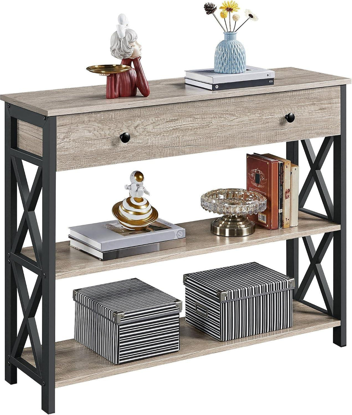 Industrial Vintage Console Table, MDF & Iron Frame Entryway Table with Drawer and 2 Open Storage Shelves, 3-Tier Narrow Sofa Side Table, Multifunctional TV Stand Accent Furniture for Living Room Hallway Bedroom Entryway