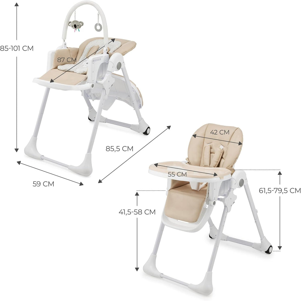 2-in-1 Baby High Chair & Bouncer from Birth, Fold-Flat Convertible Highchair with 7 Height Levels, 4 Recline Positions, Newborn Insert, 3-Position Adjustable Tray, 5-Point Safety Harness, Lockable Wheels & Detachable Toy Bar for Infant Toddler Feeding Pla