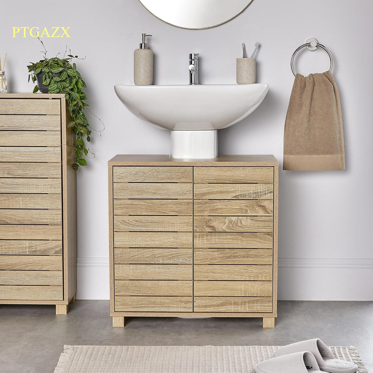 `Freestanding Under‑Sink Bathroom Cabinet, Oak Wood‑Effect Handleless Storage Cupboard with 2 Adjustable Inner Shelves, Multi‑Purpose Below Sink Organizer for Bathroom Vanity`
