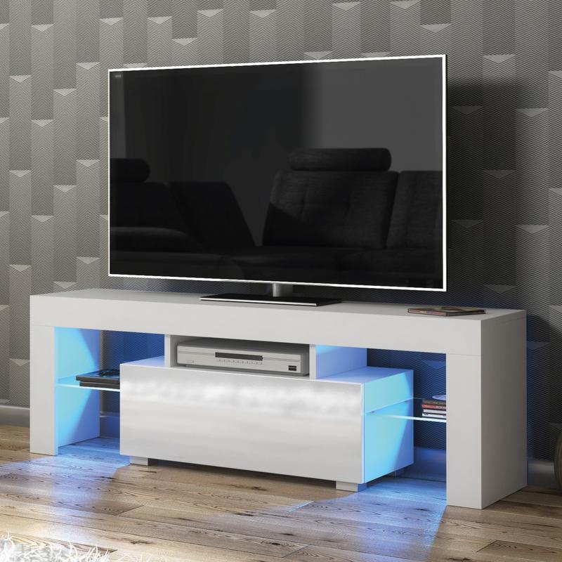 130cm Modern High Gloss TV Stand with LED Light & Glass Shelves Storage Cabinet for Living Room