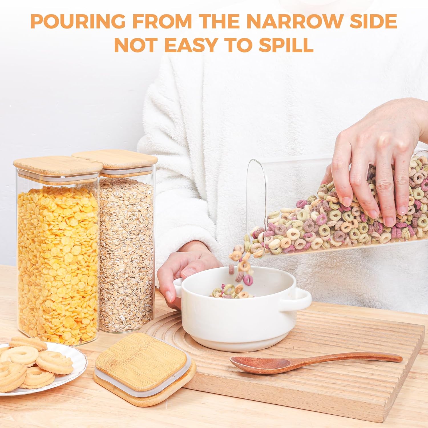 Rectangle Glass Storage Containers with Lids, Glass Jars with Bamboo Lids, Clear Food Storage Jar, Sugar Coffee Containers, Pantry Storage Container for Pasta Flour Oats Nuts