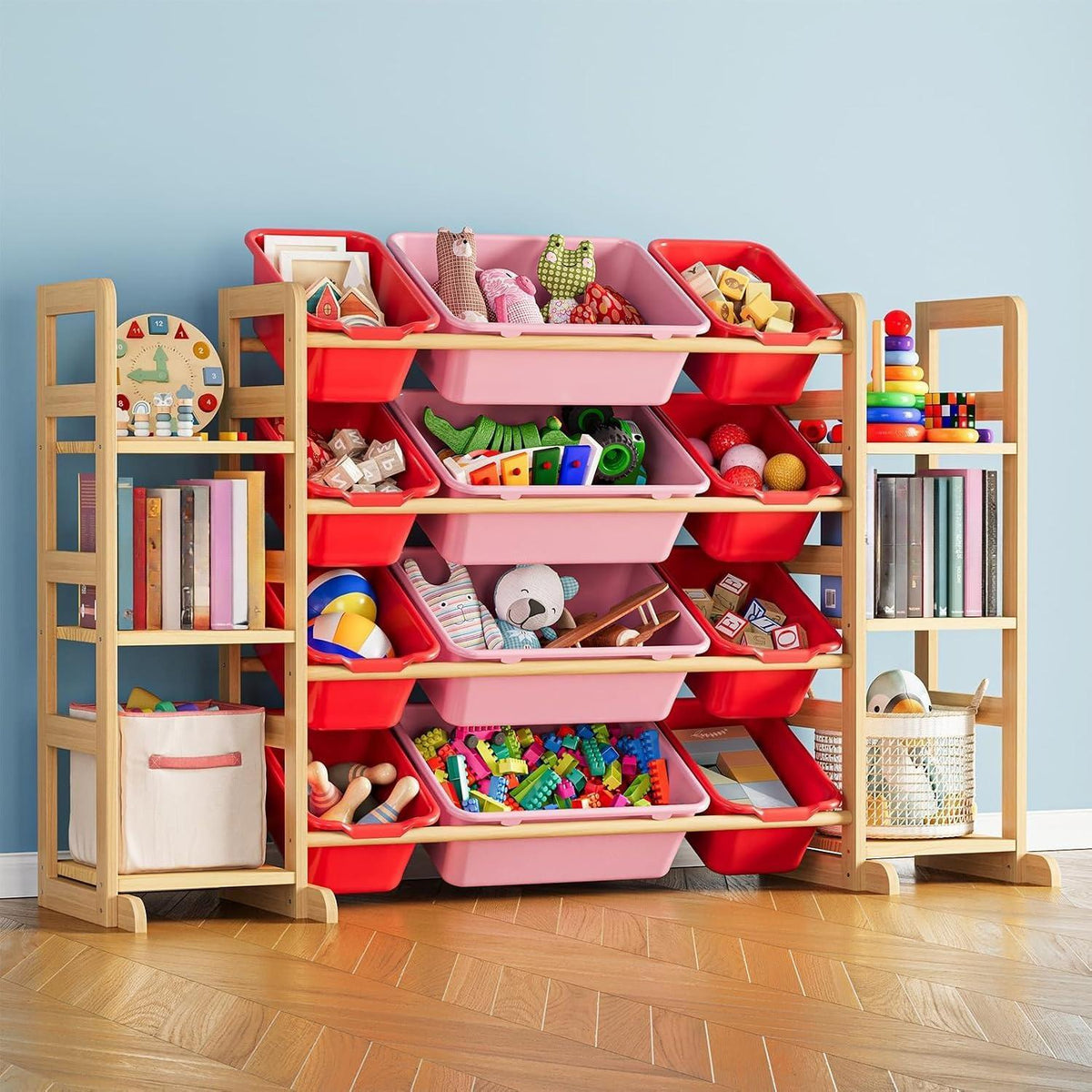Kids Wooden Toy Storage Organizer, Toy Shelving Unit with 12 Removable Bins & 6 Open Shelves, Multi‑Purpose Children Bookcase Storage Cabinet for Playroom Bedroom Nursery
