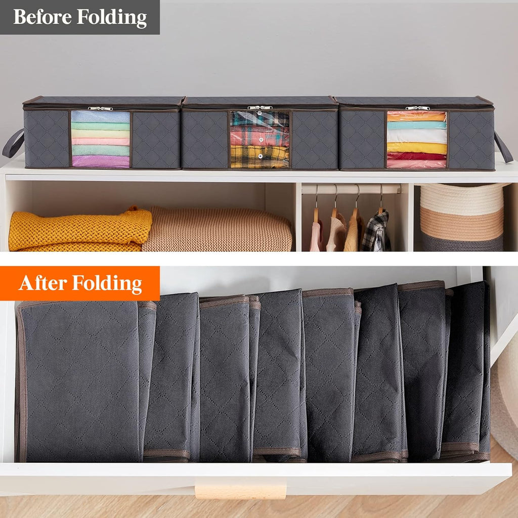 NS 35L Clothes Storage Bag Foldable Storage Boxes with Lids Underbed Wardrobe Storage Organiser with Sturdy Fabric Clear Window for Clothing Bedding Sweaters T-shirts Blankets, 3 Pack, Grey
