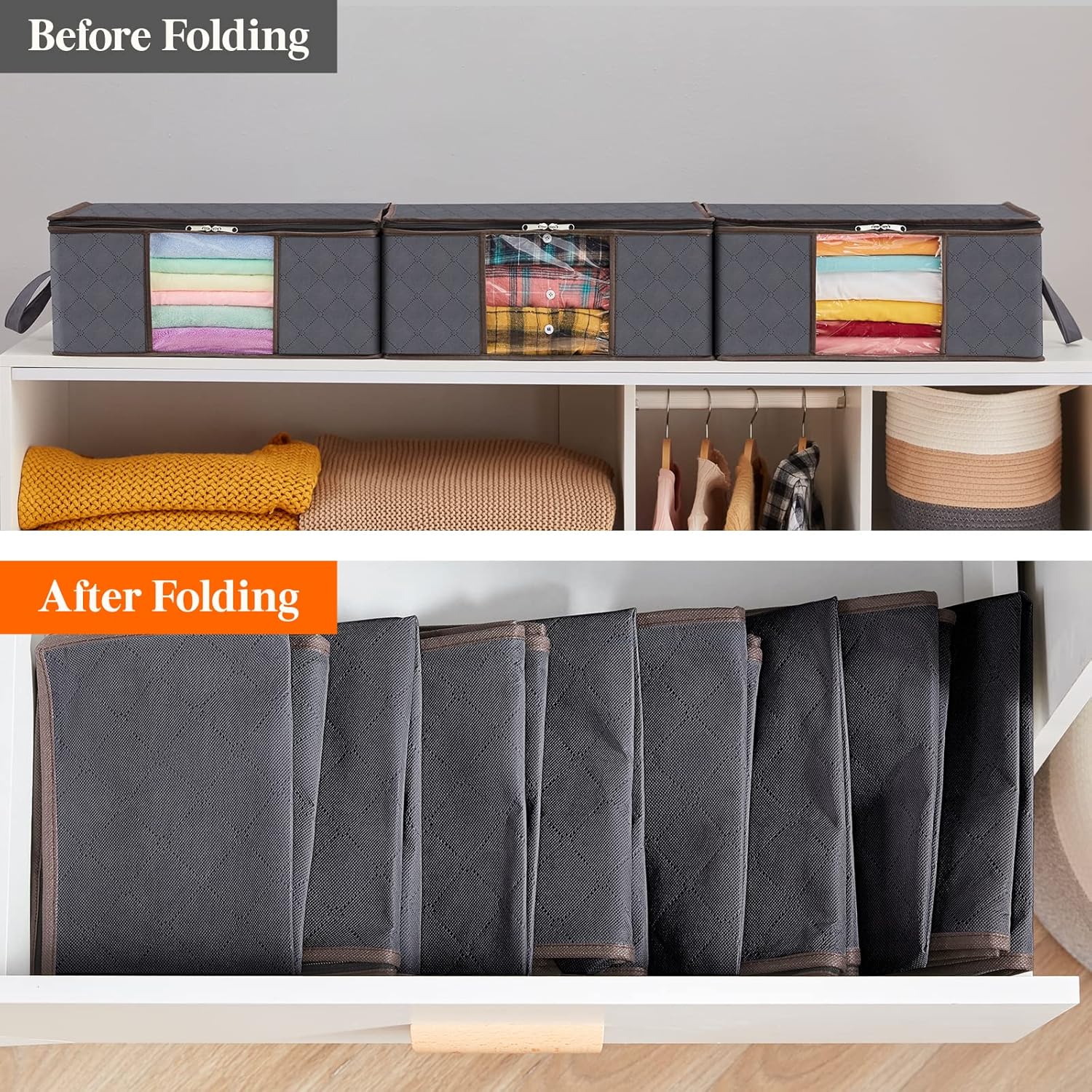 NS 35L Clothes Storage Bag Foldable Storage Boxes with Lids Underbed Wardrobe Storage Organiser with Sturdy Fabric Clear Window for Clothing Bedding Sweaters T-shirts Blankets, 3 Pack, Grey