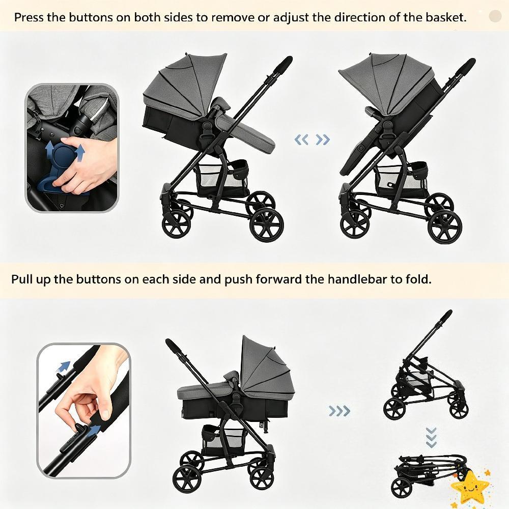 Lightweight Foldable Pushchair Travel with Rain Cover and Footmuff, Carrycot and Reversible Seat, Suitable from Birth to 3 Years with Lie-Flat Function [Plus A Free Gift]