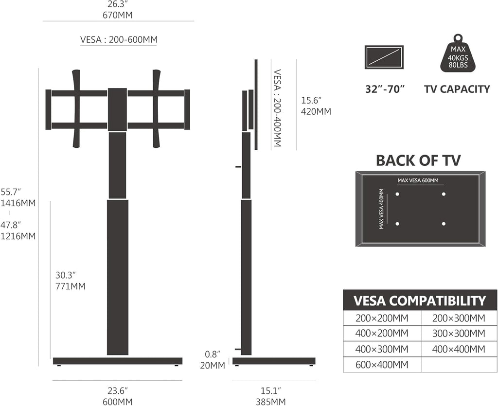 TV Stand – Floor Stand with 20mm Wood Base, 60° Swivel & 6 Height Adjustment, for 32-70 Inch TVs, Max. VESA 600x400mm, Holds 40kg, Slim Design for Corner Use