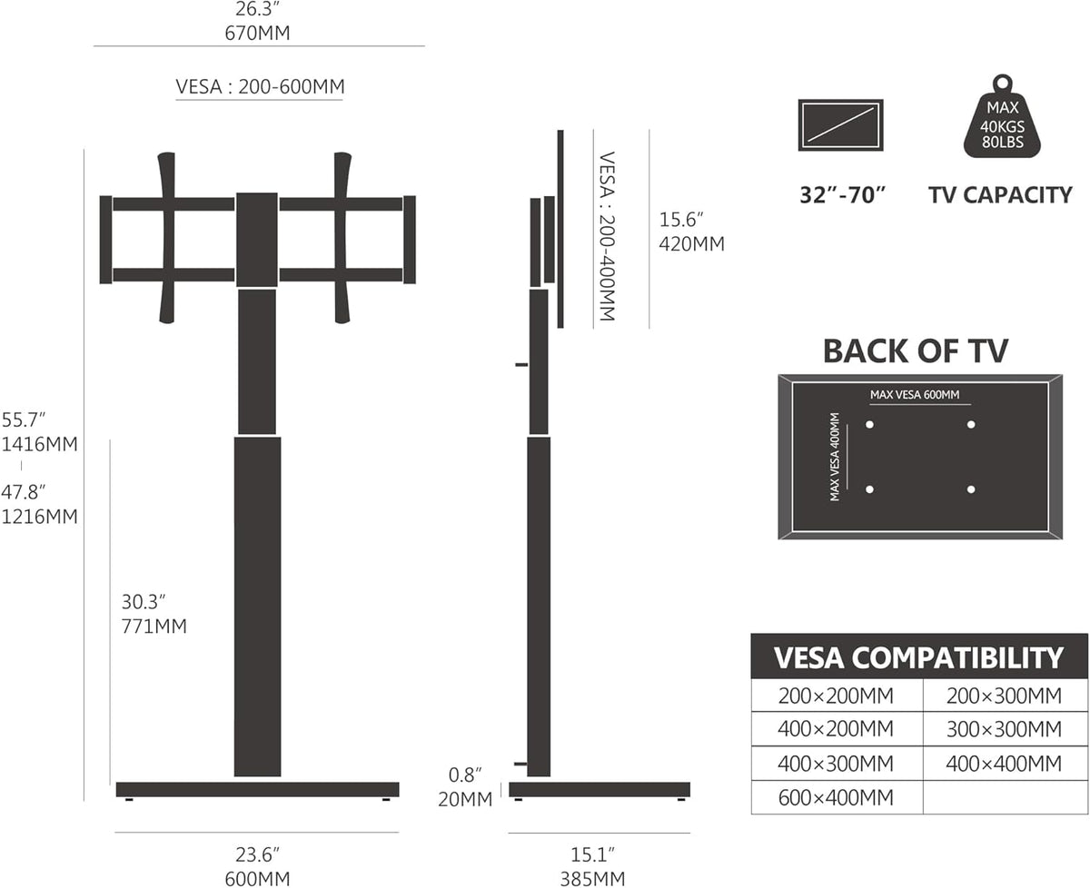 TV Stand – Floor Stand with 20mm Wood Base, 60° Swivel & 6 Height Adjustment, for 32-70 Inch TVs, Max. VESA 600x400mm, Holds 40kg, Slim Design for Corner Use