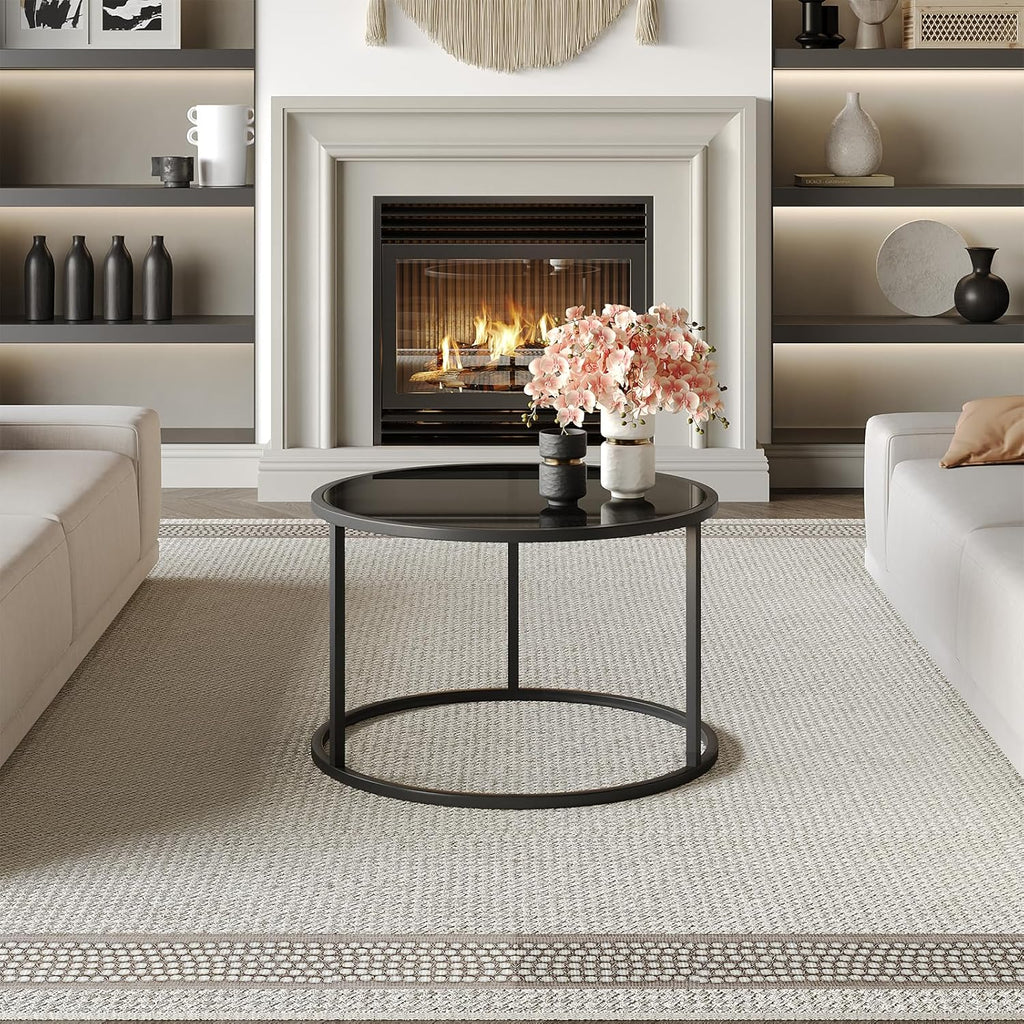 【NS】Glass Coffee Table Small Round Coffee Tables 70cm Modern Tempered Glass-Top Accent Center Table for Living Room Home Office Small Space Easy Assembly, Black