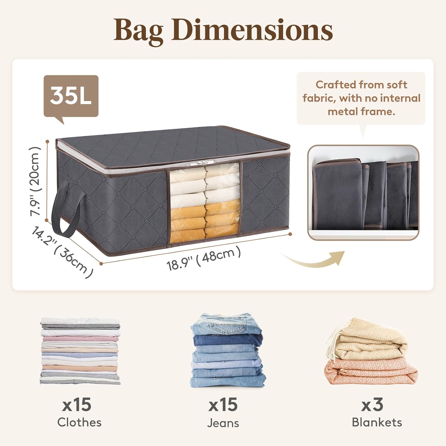 NS 35L Clothes Storage Bag Foldable Storage Boxes with Lids Underbed Wardrobe Storage Organiser with Sturdy Fabric Clear Window for Clothing Bedding Sweaters T-shirts Blankets, 3 Pack, Grey