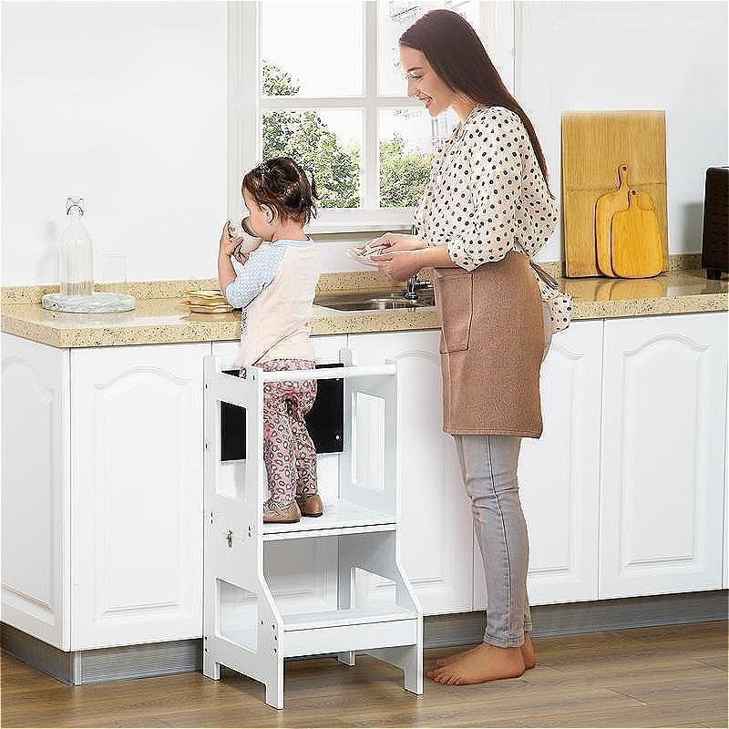 3 in 1 Kids Kitchen Step Stool with Safety Rail, Convertible Toddler Learning Tower with Chalkboard, Anti-Slip Montessori Standing Tower Helper for Kitchen Counter, Bathroom Sink, White