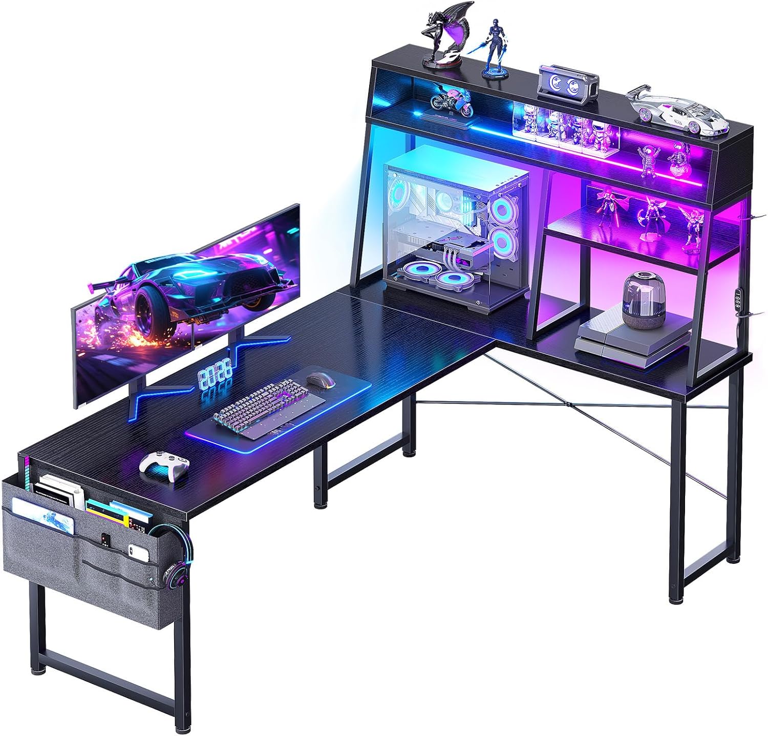 L Shaped Gaming Desk with Led Lights,  Reversible Corner Computer Desk with Display Shelves, PC Gaming Table with Storage Bag Black