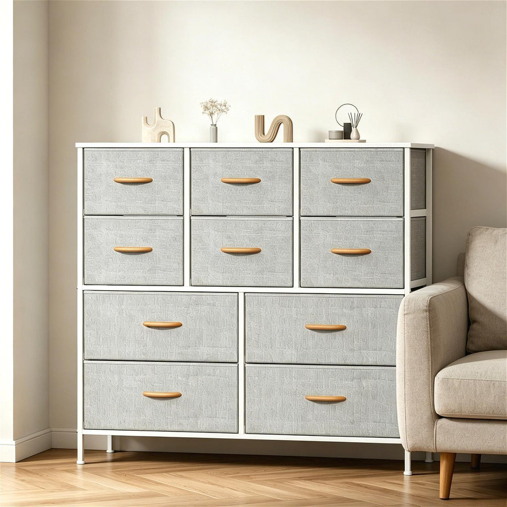 `10‑Drawer Fabric Storage Tower Dresser, Anti‑Tip Safe Chest of Drawers with MDF Wooden Top & Robust Metal Frame, Versatile Organizer Unit for Bedroom, Living Room & Home Office`