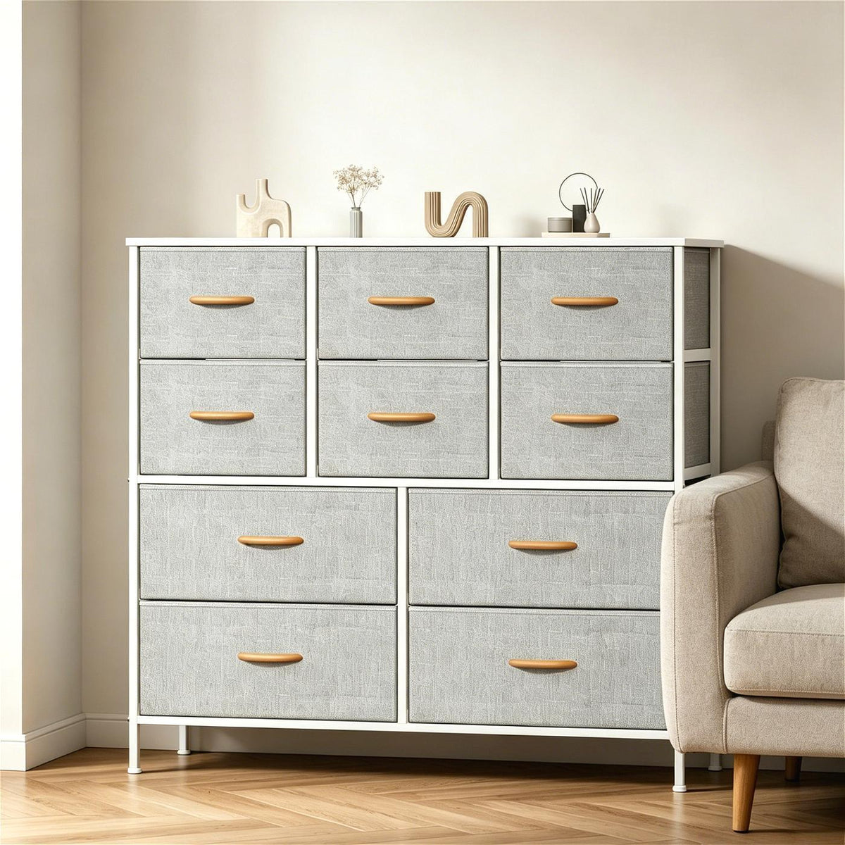 `10‑Drawer Fabric Storage Tower Dresser, Anti‑Tip Safe Chest of Drawers with MDF Wooden Top & Robust Metal Frame, Versatile Organizer Unit for Bedroom, Living Room & Home Office`