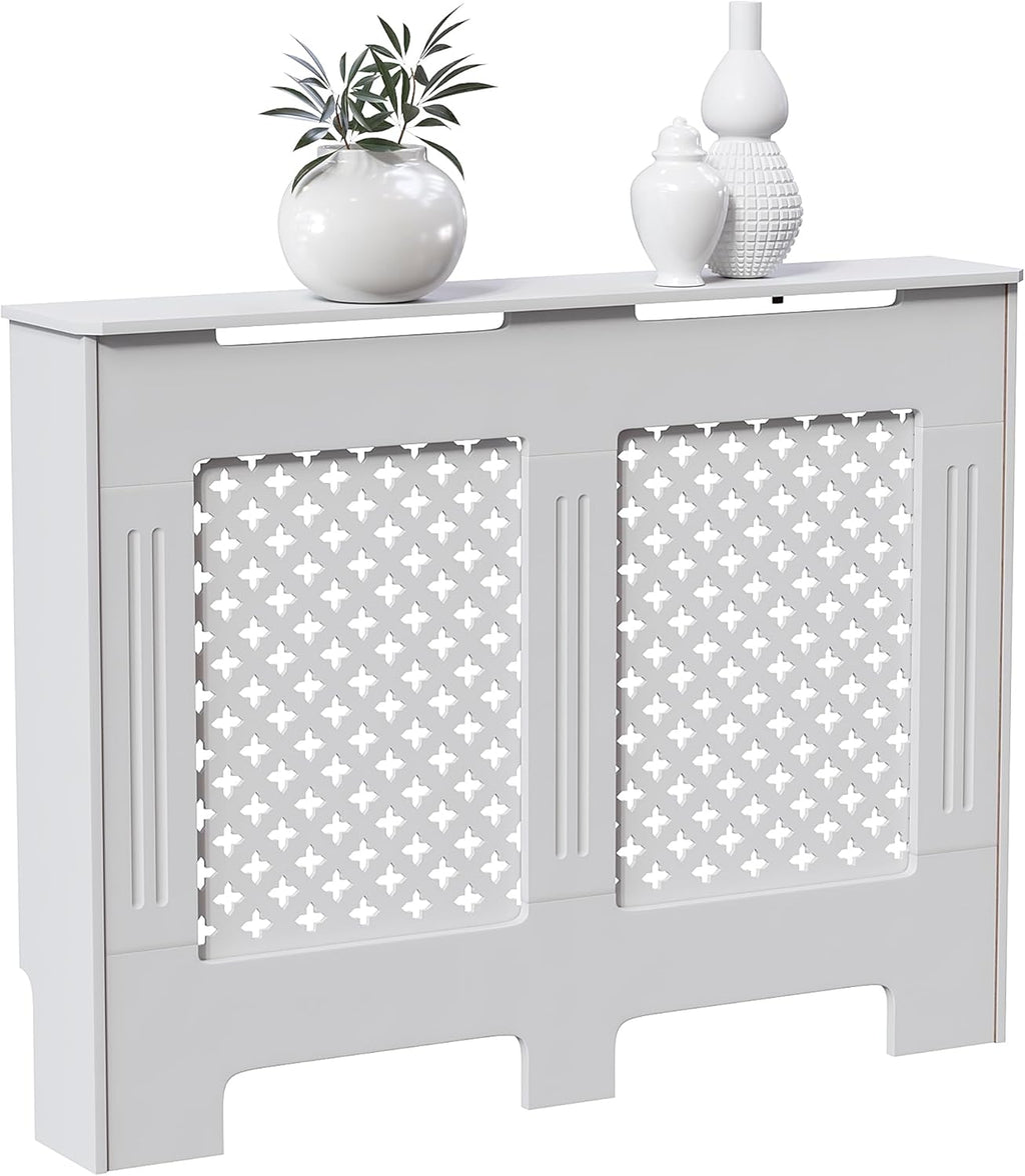 Modern MDF Radiator Cover Small White 82x78x19cm, Traditional Cross Pattern Painted Cabinet with Heat Circulation Grill for Living Room Hallway [Plus A Free Gift]
