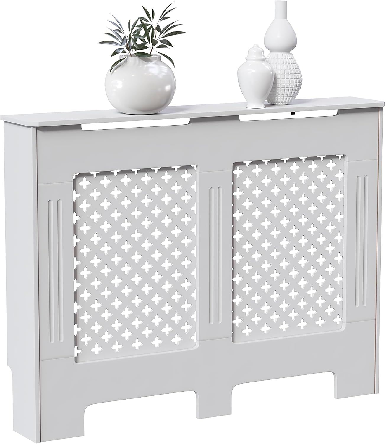 Modern MDF Radiator Cover Small White 82x78x19cm, Traditional Cross Pattern Painted Cabinet with Heat Circulation Grill for Living Room Hallway [Plus A Free Gift]