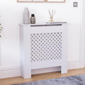 Modern MDF Radiator Cover Small White 82x78x19cm, Traditional Cross Pattern Painted Cabinet with Heat Circulation Grill for Living Room Hallway [Plus A Free Gift]