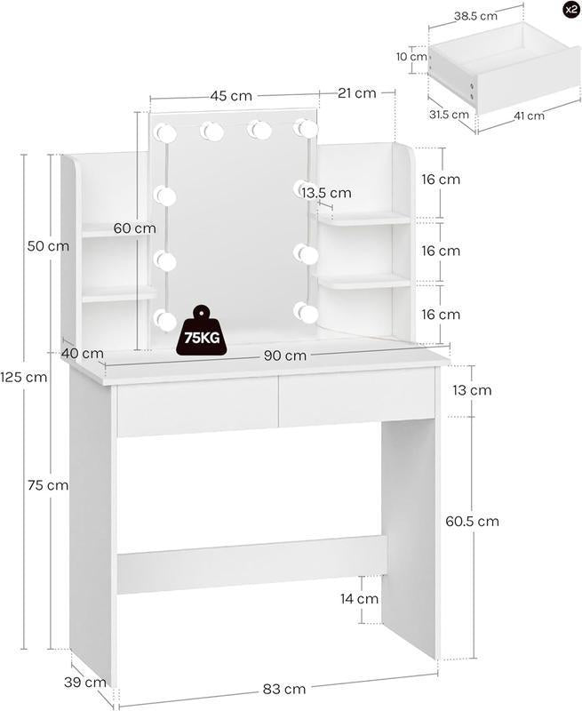 【NS】[Dressing Table with LED Lights, 3 Adjusting Lighting Modes, Makeup Vanity Mirror Dressing Table with 2 Drawers and 6 Open shelves, White Dressing Table for Bedroom,Living Room, Valentine's Day gift