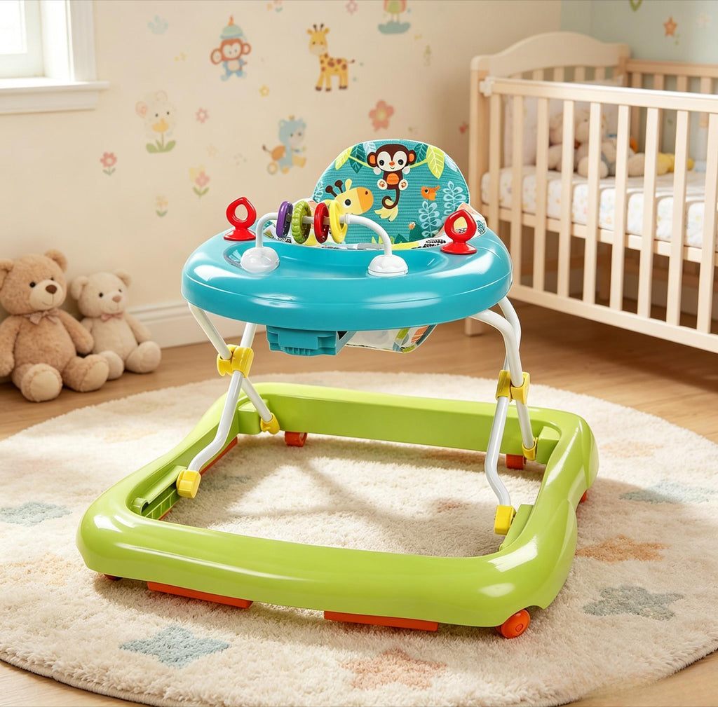Cartoon Baby Walker for 6 Months+: Easy-Fold Frame, Space-Saving Storage, Safe Anti-Rollover Design, Adjustable Height, Fun Toy Tray, Smooth-Rolling Wheels. Aids Toddler’s First Steps, Promotes Balance & Coordination. Lightweight, Sturdy, Foldable Infant