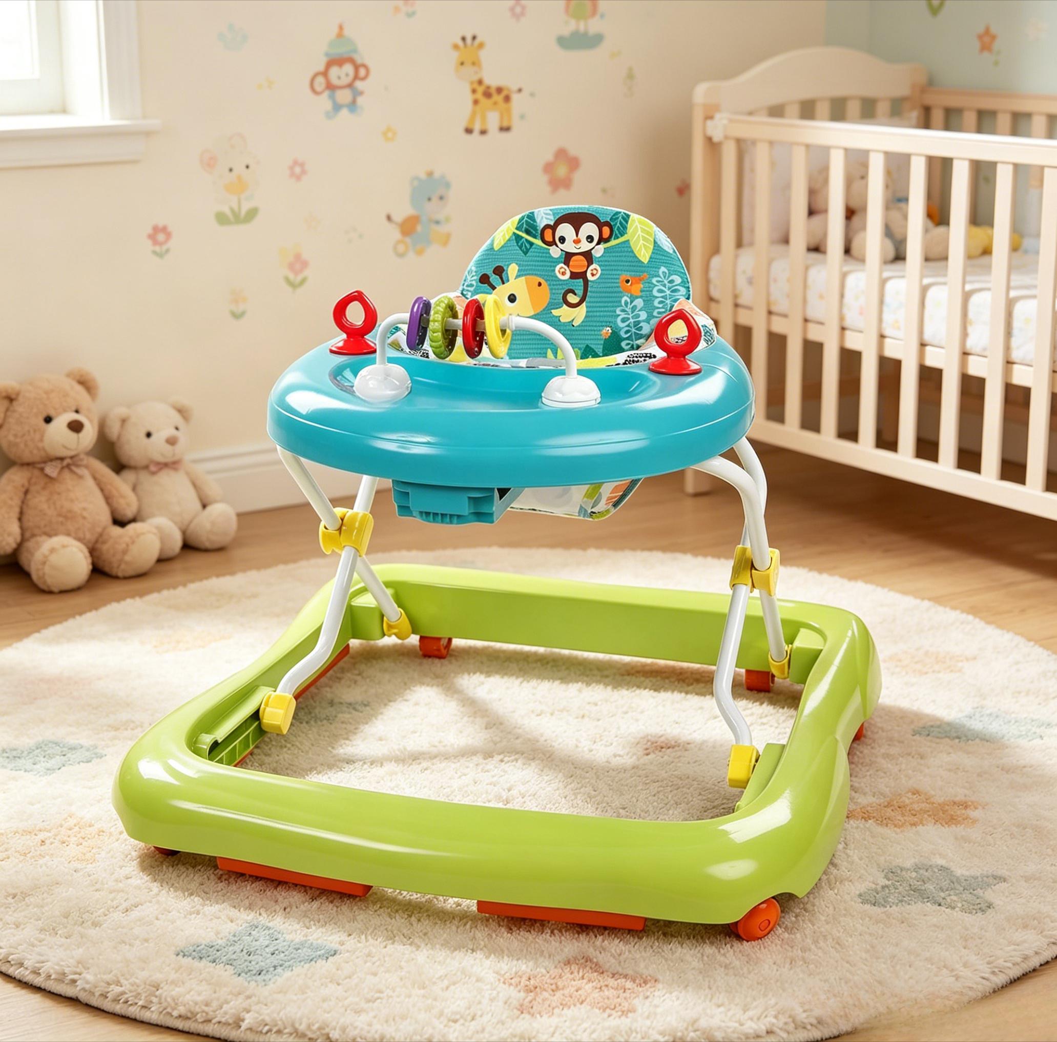 Cartoon Baby Walker for 6 Months+: Easy-Fold Frame, Space-Saving Storage, Safe Anti-Rollover Design, Adjustable Height, Fun Toy Tray, Smooth-Rolling Wheels. Aids Toddler’s First Steps, Promotes Balance & Coordination. Lightweight, Sturdy, Foldable Infant