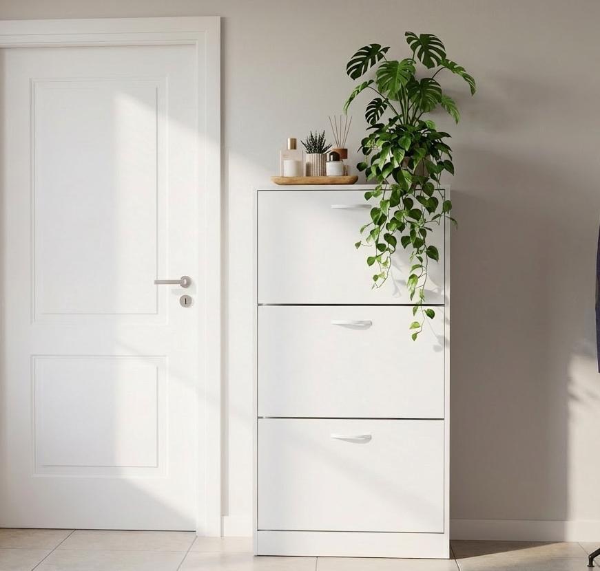 3 Drawer Shoe Cabinet Cupboard Storage Organiser Pull-Down Wooden Hallway Furniture Unit with Stainless Steel Handles Compact Durable Space-Saving Racks