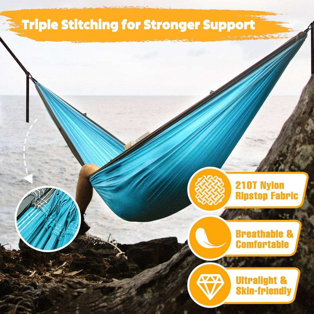 Ultra-Light Travel Camping Hammock | 300kg Load Capacity,(300 x 200 cm) Breathable,Quick-drying Parachute Nylon | 2 x Premium Carabiners,2 x Nylon Slings Included | For Outdoor Indoor Garden