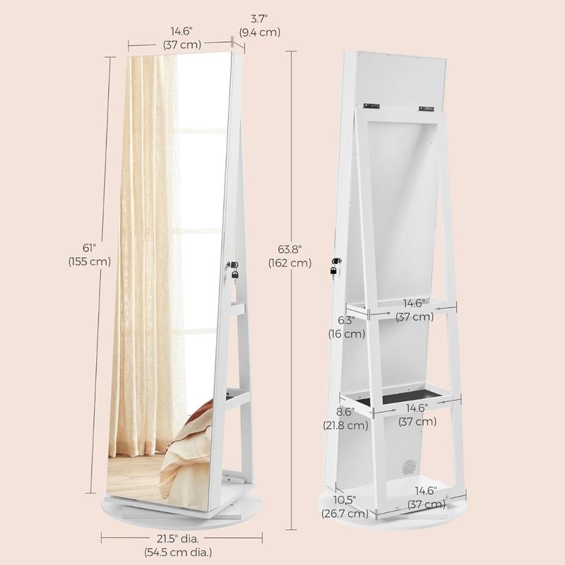 LED Full-Length Mirror Jewelry Cabinet, 360° Rotating Storage, Lockable Display Cabinet, Frameless Floor Standing Mirror, Rotatable Organizer with Shelves [Plus A Free Gift]