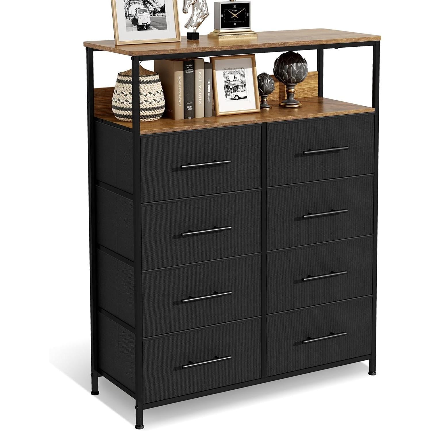 【NS】Dresser for Bedroom with 8 Fabric Drawers, Chest of Drawers, Tall Storage Organizer Unit with 2-Layer Shelves, TV Stand with Wooden Top and Sturdy Metal Frame (Black)
