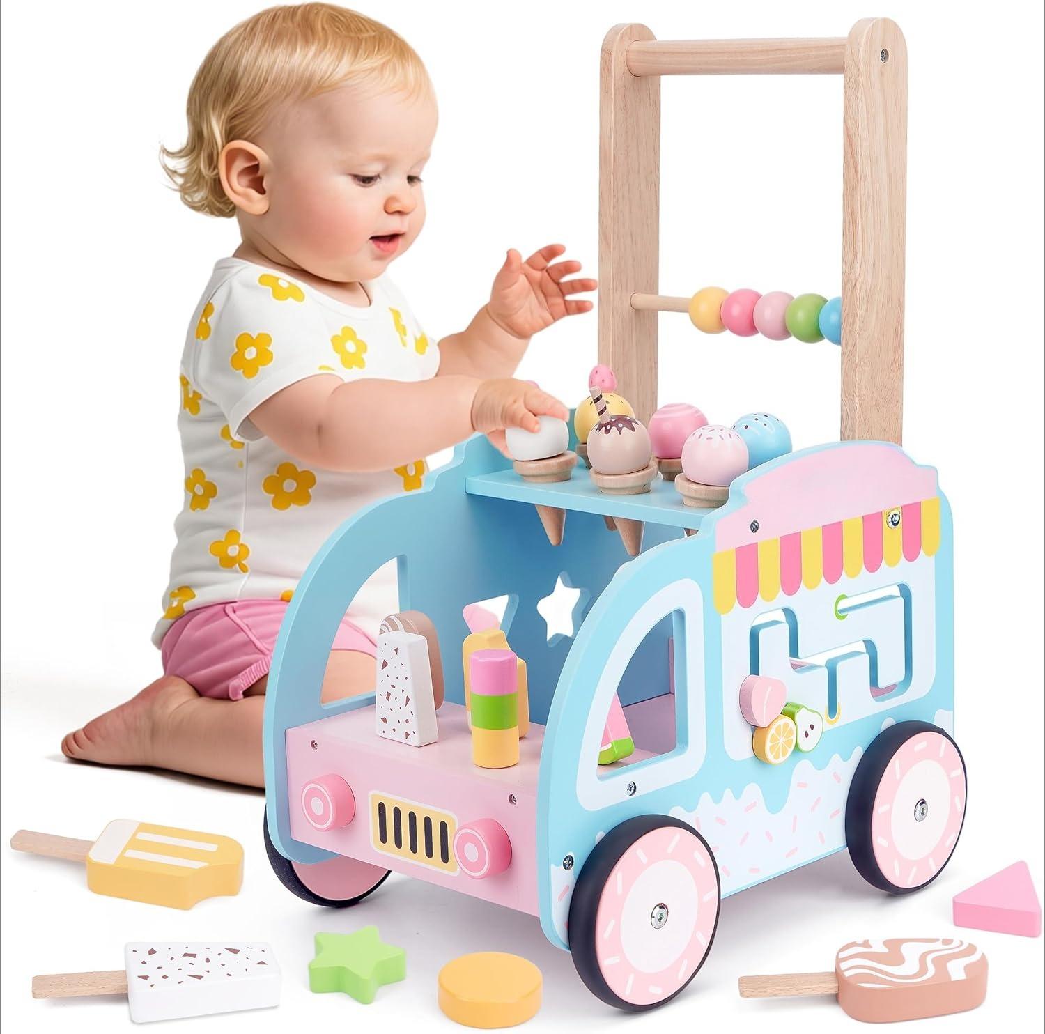 Multifunctional Wooden Ice Cream Shop Push Walker with Silent Wheels Pretend Play Store Activity Center Early Educational Walking Toy Improve Hand Eye Coordination for Toddler Kids 1 2 3 Years Old Girls Boys Ideal Birthday Holiday Present Free