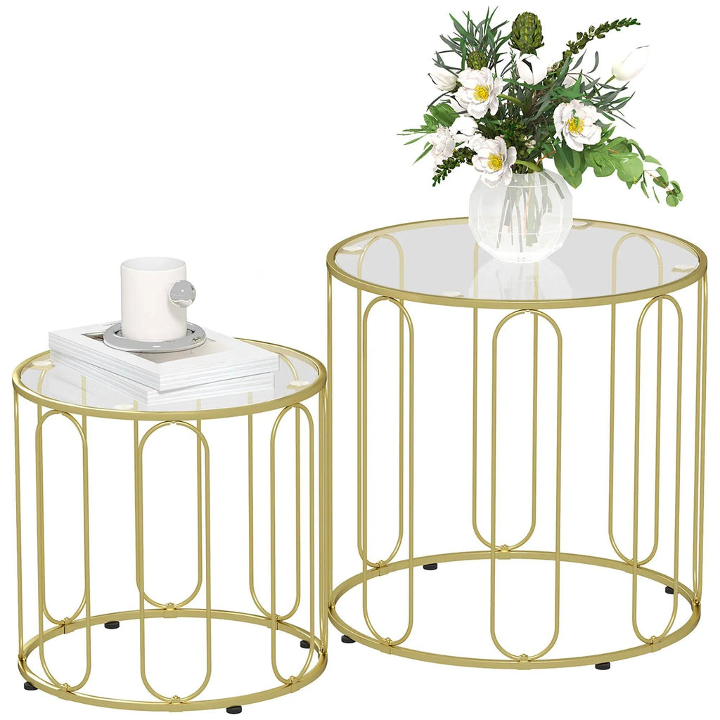 2‑Piece Nesting Coffee Table Set, Round Tempered Glass Side Tables, Gold Tone Sturdy Metal Frame Stacking Tea Table, Modern Decor Nest of Tables for Living Room Bedroom Office Small SpacesW